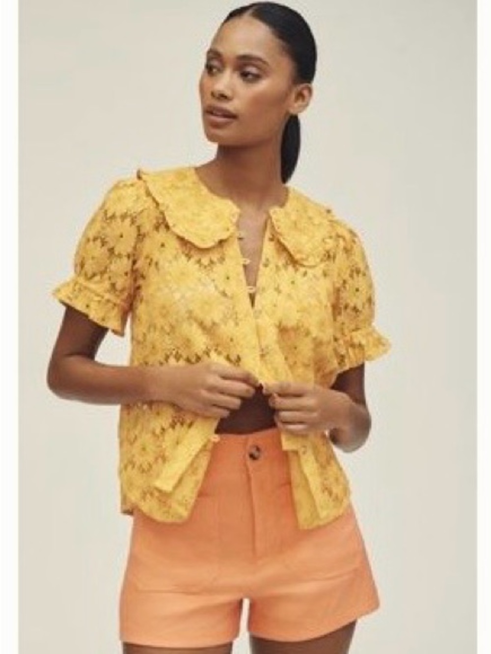Pilcro Yellow Lace Floral Button-Front Blouse - Picture 6 of 7